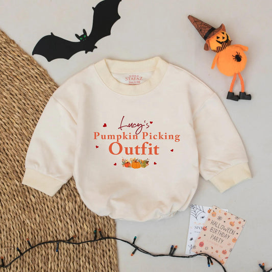 Lucy's Pumpkin Patch Romper – Personalized Baby Girl Outfit, Cute Fall Bodysuit with Pumpkins, Leaves & Hearts – Custom Farm Visit Clothes, Infant Gift