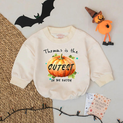 Personalized Cutest Pumpkin Romper: Custom Name Baby Outfit for Fall Halloween - Teal Star Accent Bodysuit, Orange Pumpkin & Green Leaves Design (139 chars)