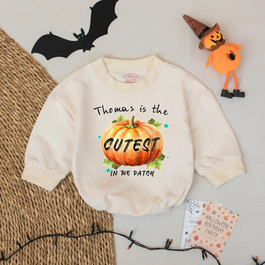 Personalized Cutest Pumpkin Romper: Custom Name Baby Outfit for Fall Halloween - Teal Star Accent Bodysuit, Orange Pumpkin & Green Leaves Design (139 chars)