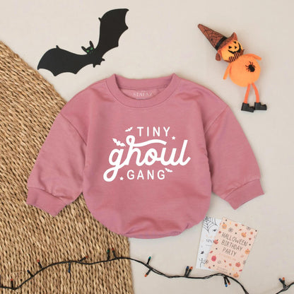 Tiny Ghoul Gang Baby Romper Cute Halloween Outfit for Baby Girl or Boy Spooky Season Ghost Bodysuit with Orange Ghoul Bats Stars