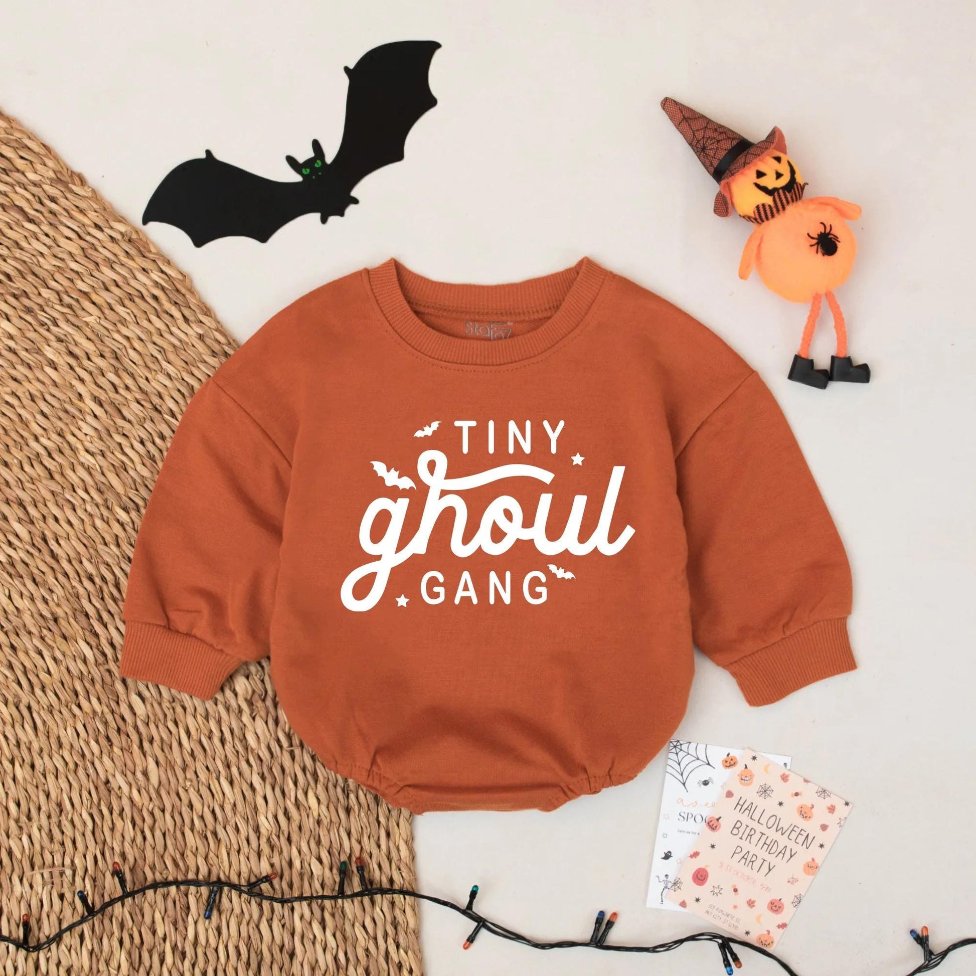 Tiny Ghoul Gang Baby Romper Cute Halloween Outfit for Baby Girl or Boy Spooky Season Ghost Bodysuit with Orange Ghoul Bats Stars