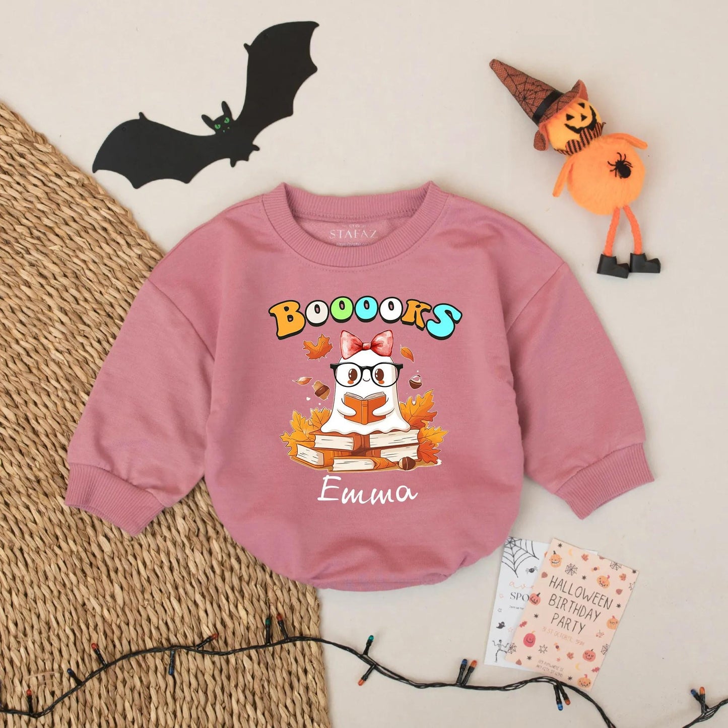 Personalized Booooks Ghost Halloween Baby Romper Custom Name Reading Fall Outfit for Baby Girl Cozy Spooky Season Apparel