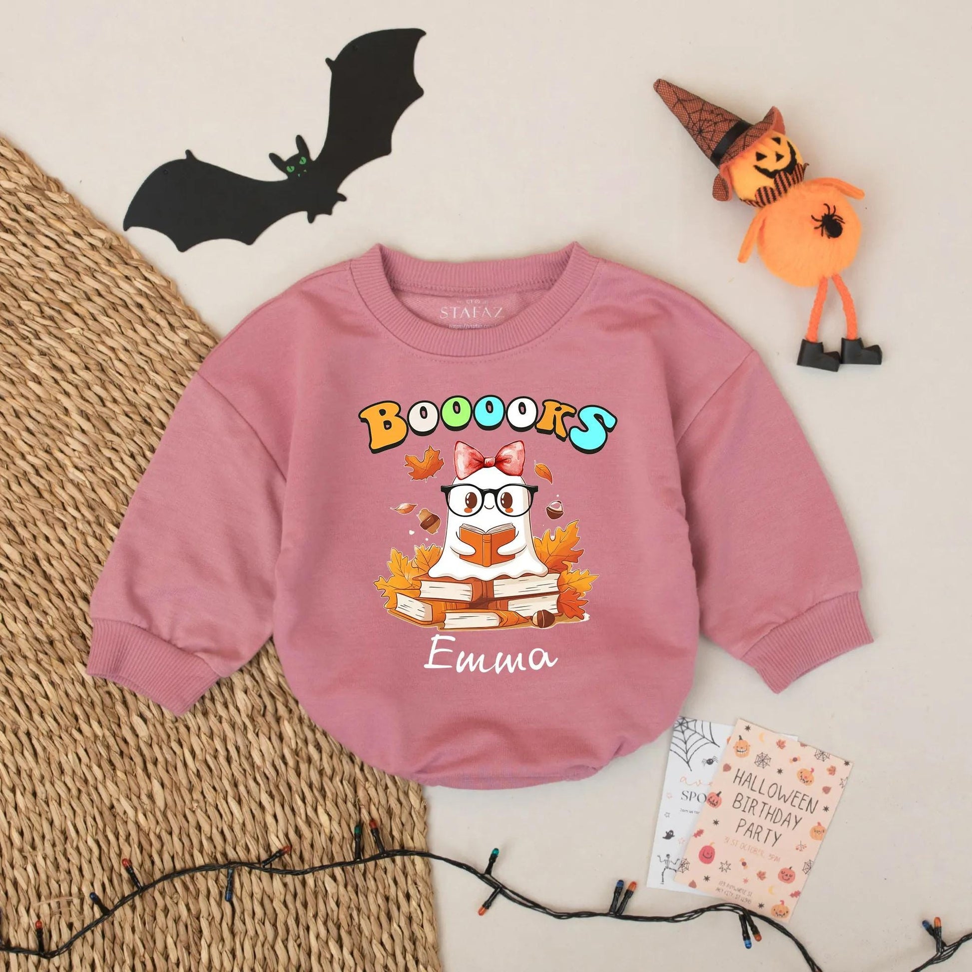 Personalized Booooks Ghost Halloween Baby Romper Custom Name Reading Fall Outfit for Baby Girl Cozy Spooky Season Apparel