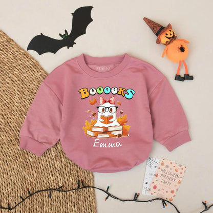 Personalized Booooks Ghost Halloween Baby Romper Custom Name Reading Fall Outfit for Baby Girl Cozy Spooky Season Apparel
