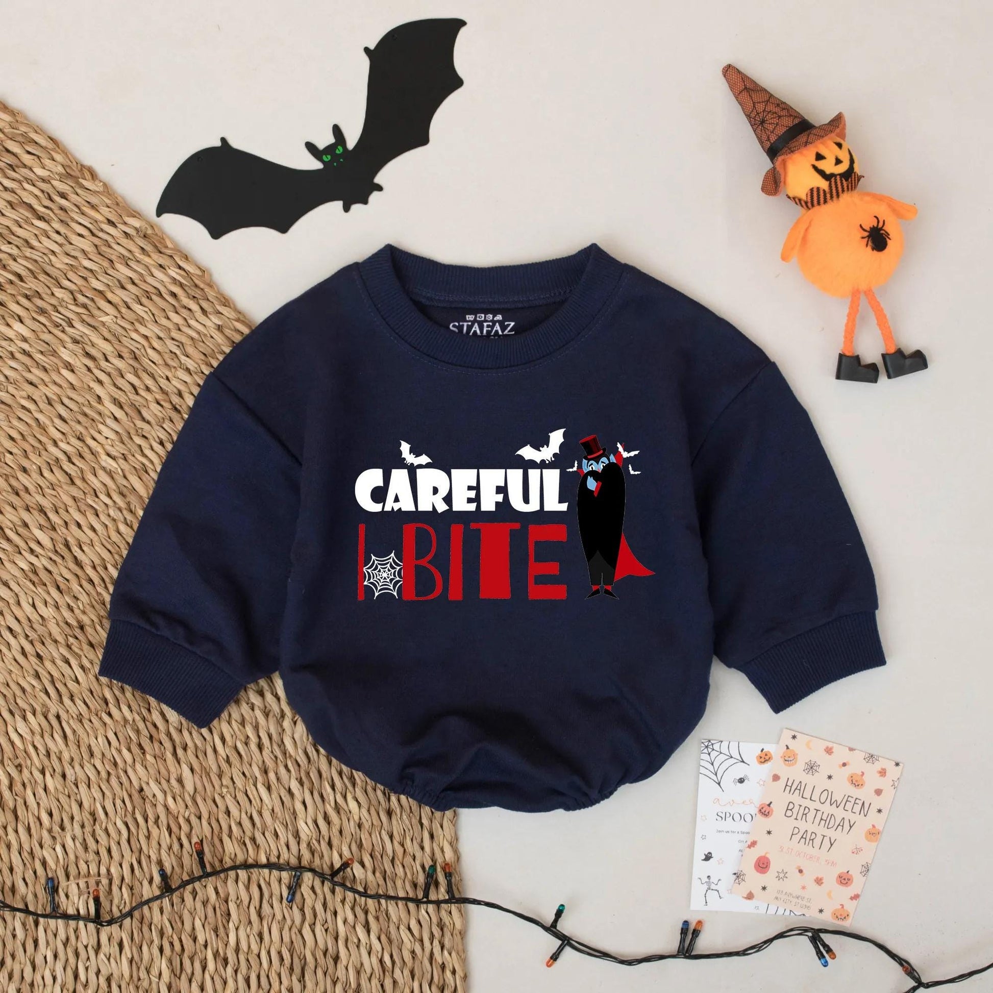 Careful I Bite Baby Romper Cute Halloween Vampire Dracula Outfit Bodysuit for Baby Boys or Girls Spooky Fun