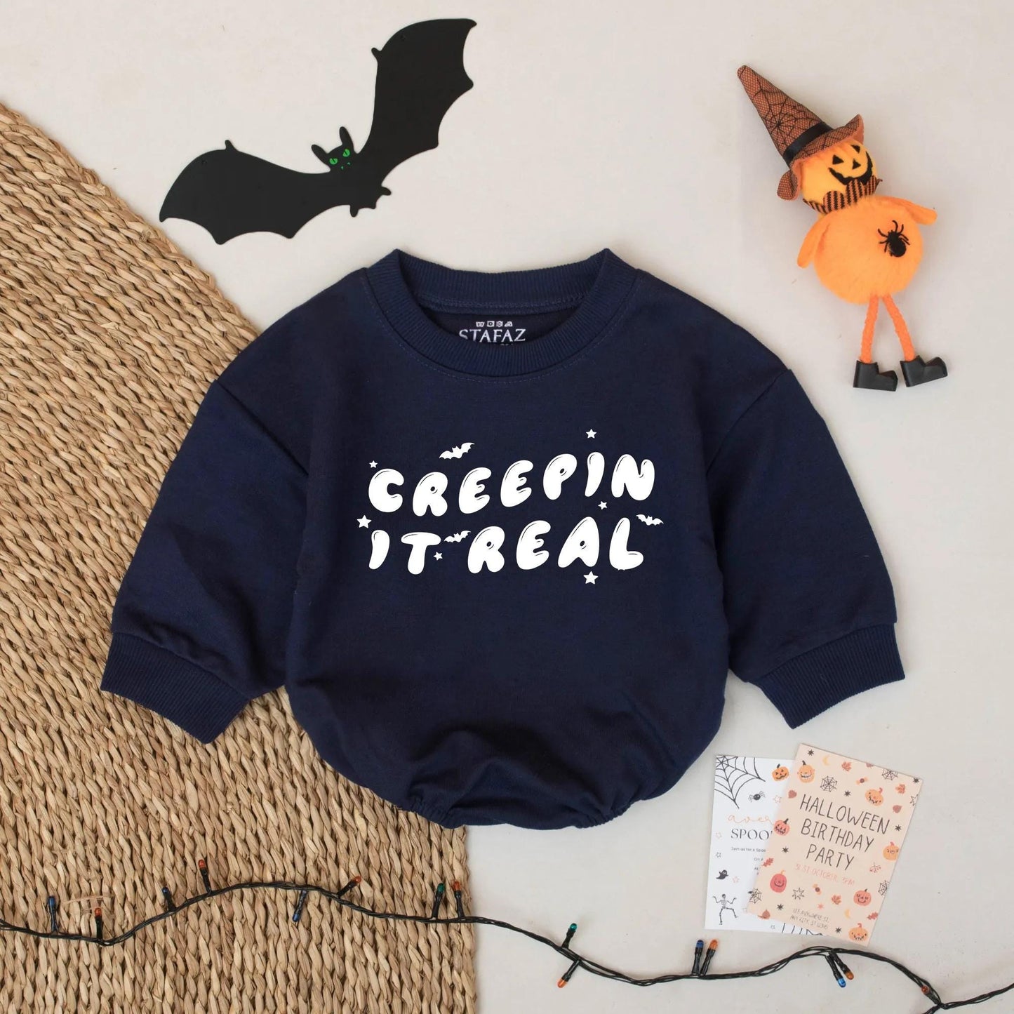Creepin' It Real Halloween Baby Romper - Cute Ghost Infant Bodysuit for Baby Boy Girl, Funny Fall Outfit with Stars & Bats – Whimsical Halloween Gift 139 chars