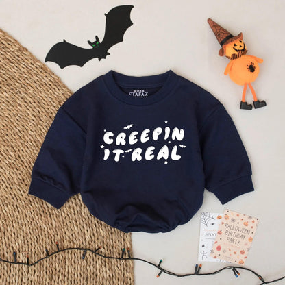 Creepin' It Real Halloween Baby Romper - Cute Ghost Infant Bodysuit for Baby Boy Girl, Funny Fall Outfit with Stars & Bats – Whimsical Halloween Gift 139 chars