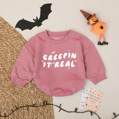 Creepin' It Real Halloween Baby Romper - Cute Ghost Infant Bodysuit for Baby Boy Girl, Funny Fall Outfit with Stars & Bats – Whimsical Halloween Gift 139 chars