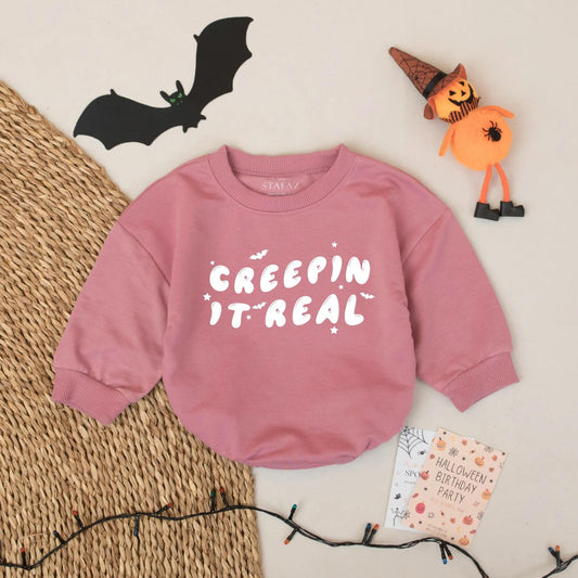 Creepin' It Real Halloween Baby Romper - Cute Ghost Infant Bodysuit for Baby Boy Girl, Funny Fall Outfit with Stars & Bats – Whimsical Halloween Gift 139 chars