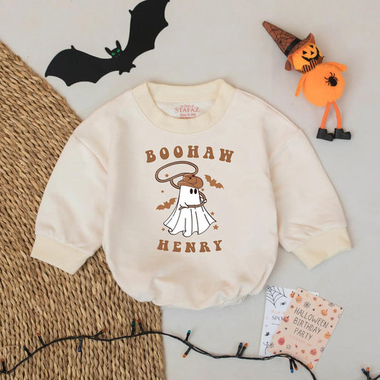 BooHaw Cowboy Ghost Baby Romper Halloween Outfit Boy Girl, Western Fall Costume Infant, Henry Design, Cute Spooky Baby Clothes