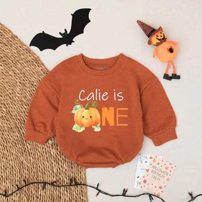 Calie is ONE Pumpkin First Birthday Romper Cute Watercolor Fall Baby Girl Outfit Custom Name Gift