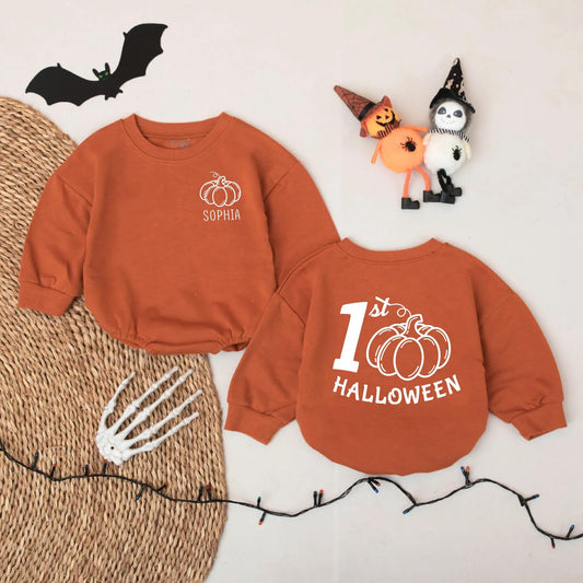 Personalized 1st Halloween Baby Romper: Custom Pumpkin Fall Outfit for Baby Girl or Boy - First Halloween Bodysuit Gift