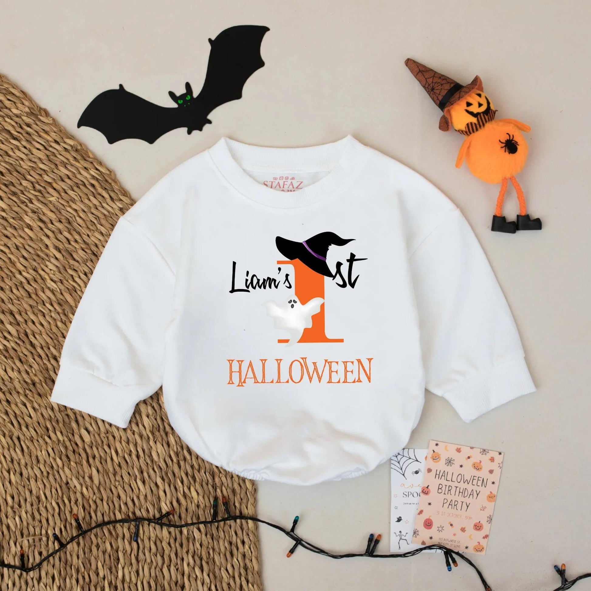 Liam's 1st Halloween Baby Romper Cute Ghost Witch Hat Orange & Black Script Design Baby's First Fall Outfit