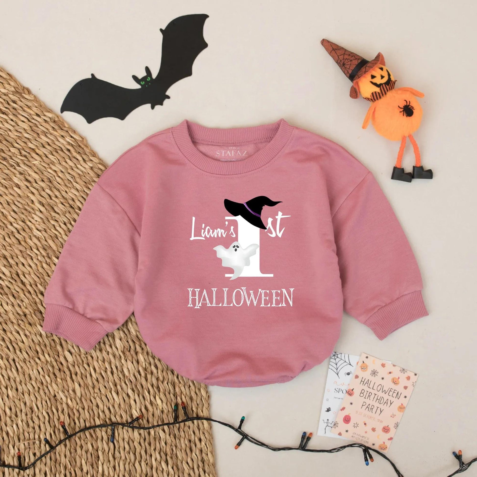 Liam's 1st Halloween Baby Romper Cute Ghost Witch Hat Orange & Black Script Design Baby's First Fall Outfit