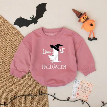 Liam's 1st Halloween Baby Romper Cute Ghost Witch Hat Orange & Black Script Design Baby's First Fall Outfit