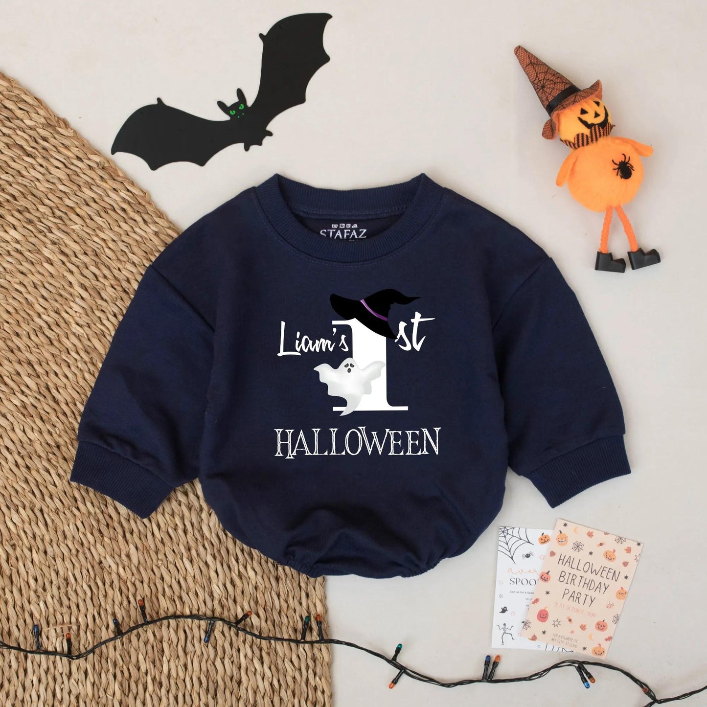 Liam's 1st Halloween Baby Romper Cute Ghost Witch Hat Orange & Black Script Design Baby's First Fall Outfit