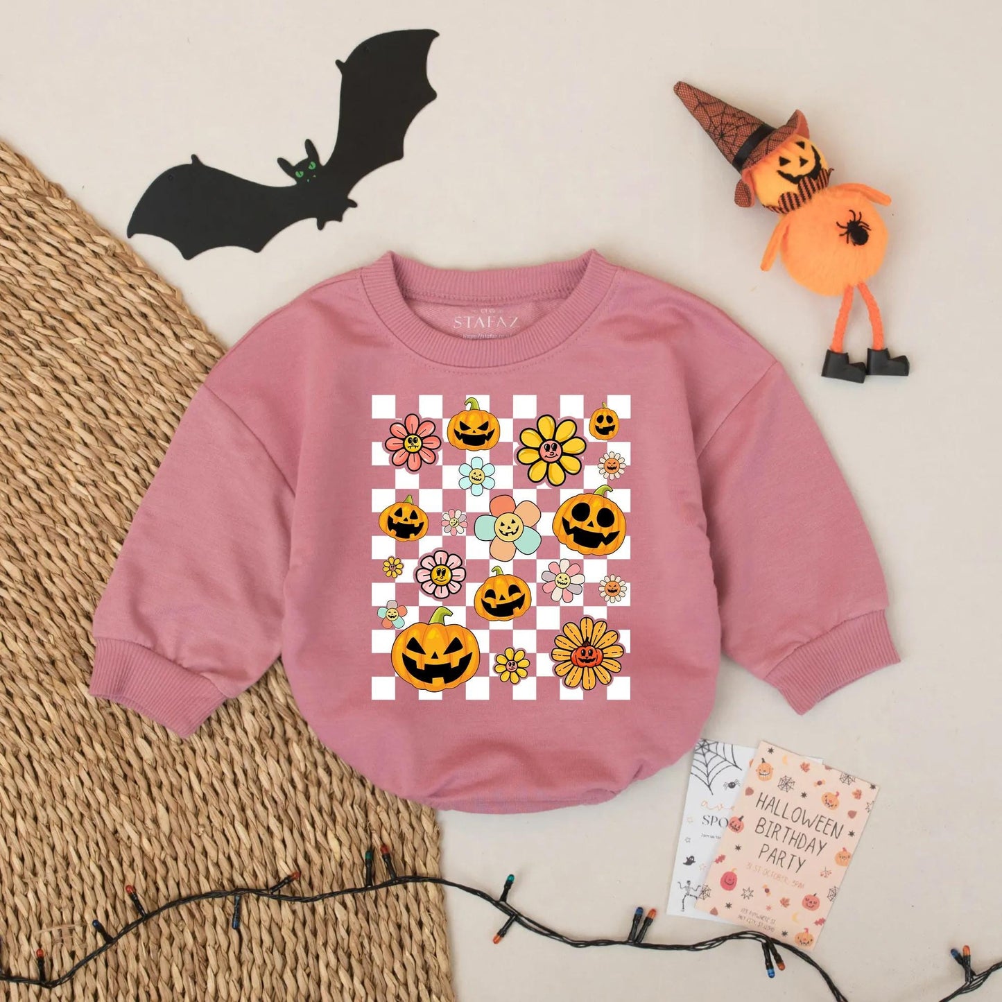 Retro Halloween Baby Romper with Pumpkin & Flower Checkerboard Design Cute Spooky Season Whimsical Outfit for Baby Girl or Boy