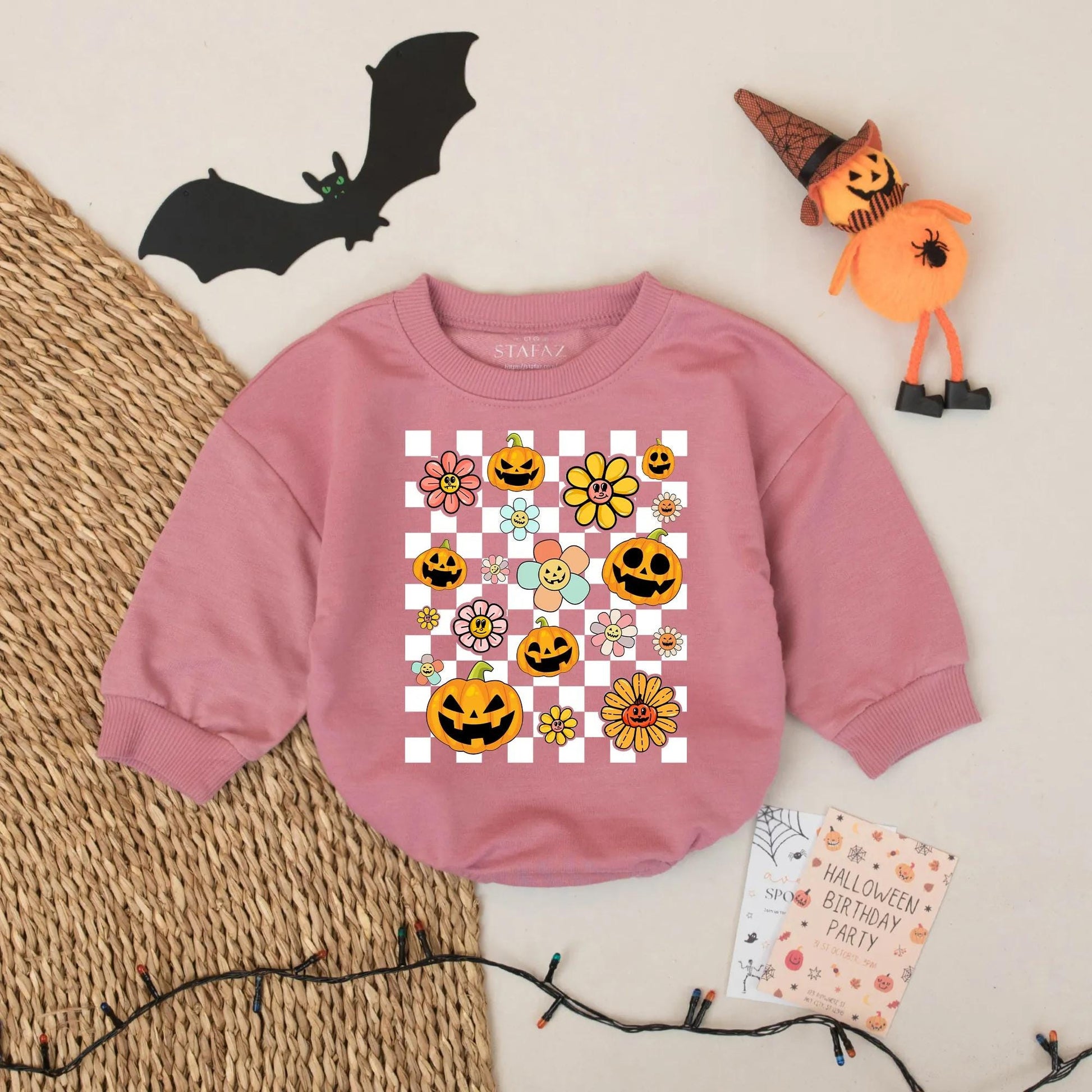 Retro Halloween Baby Romper with Pumpkin & Flower Checkerboard Design Cute Spooky Season Whimsical Outfit for Baby Girl or Boy