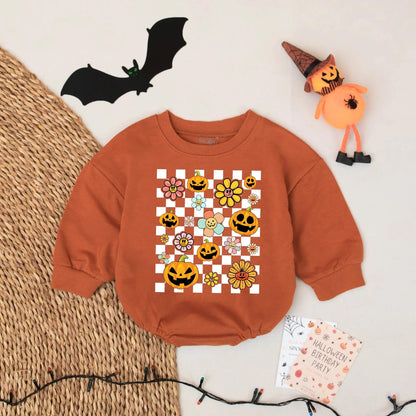 Retro Halloween Baby Romper with Pumpkin & Flower Checkerboard Design Cute Spooky Season Whimsical Outfit for Baby Girl or Boy