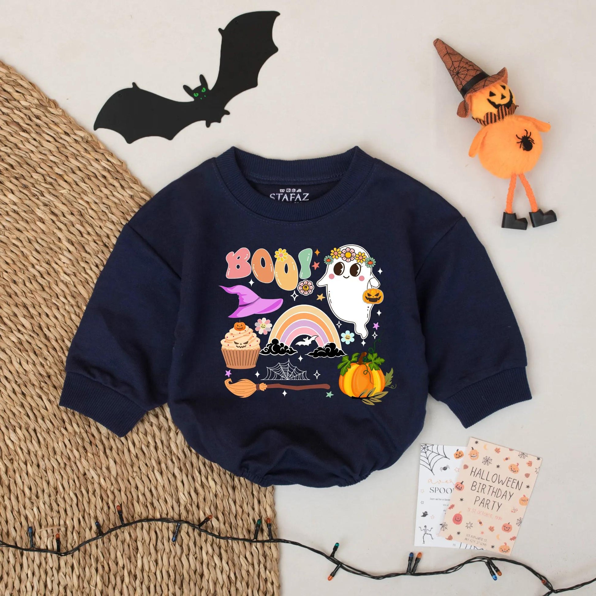 BOO Pastel Halloween Baby Romper Cute Ghost Rainbow Fall Outfit Retro Spooky Season for Baby Girl or Boy with Whimsical Floral Graphics