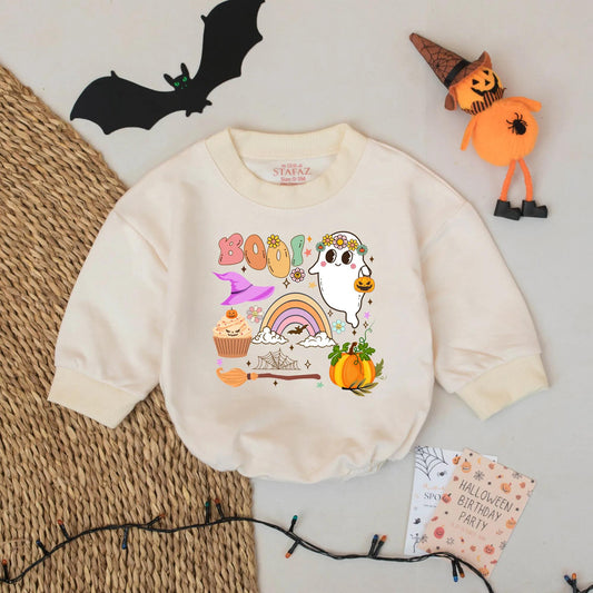 BOO Pastel Halloween Baby Romper Cute Ghost Rainbow Fall Outfit Retro Spooky Season for Baby Girl or Boy with Whimsical Floral Graphics
