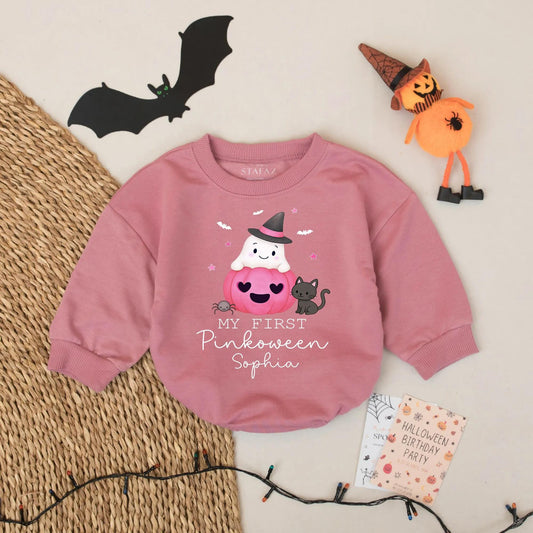 My First Pinkoween Personalized Baby Romper, Ghost in Pumpkin Outfit, Custom Name Halloween Bodysuit, Cute Fall Gift for Sophia - 134 chars
