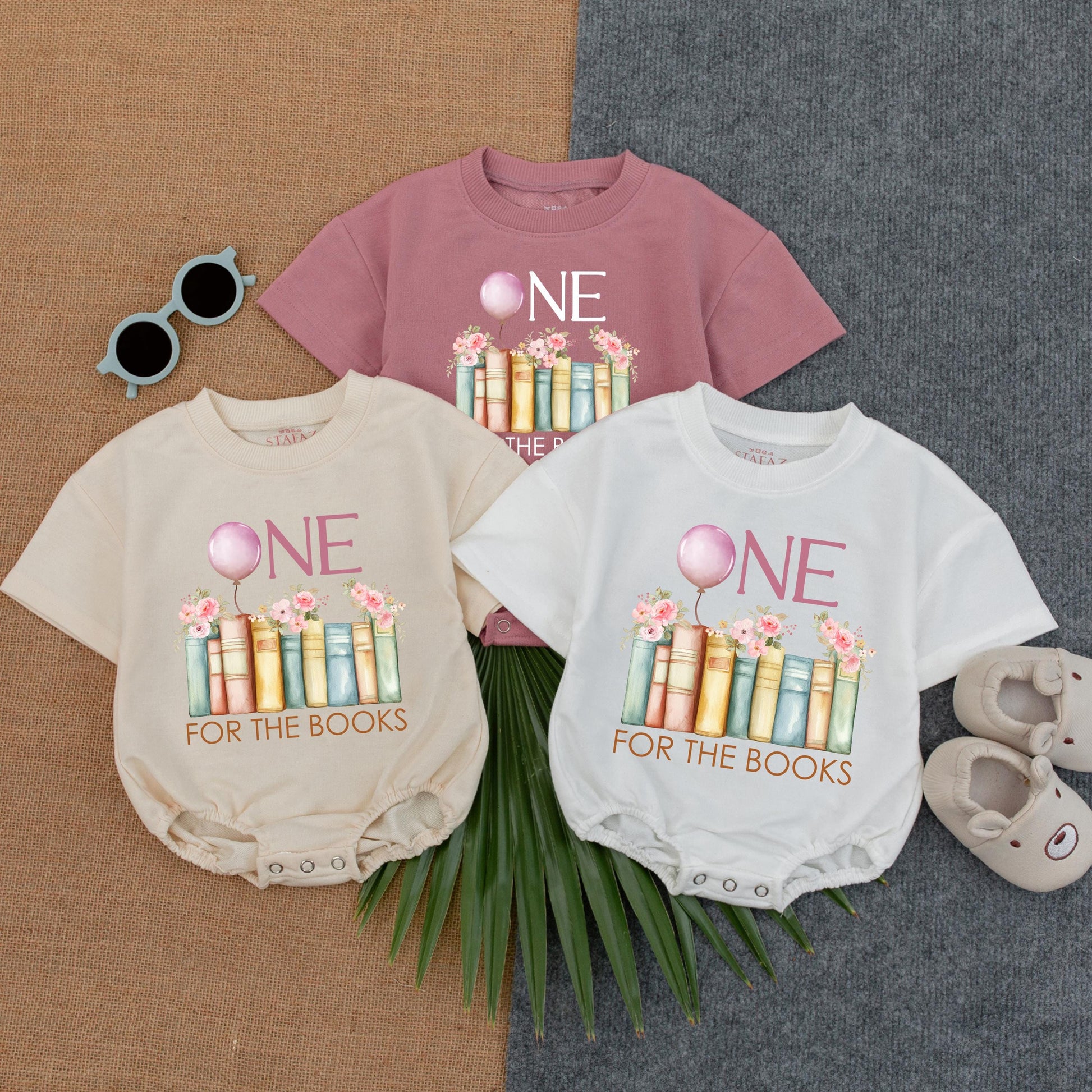 One for the Books First Birthday Romper Baby Girl Outfit Pink Flowers Balloon Book Theme Personalized Name Gift Toddler Party Clothes