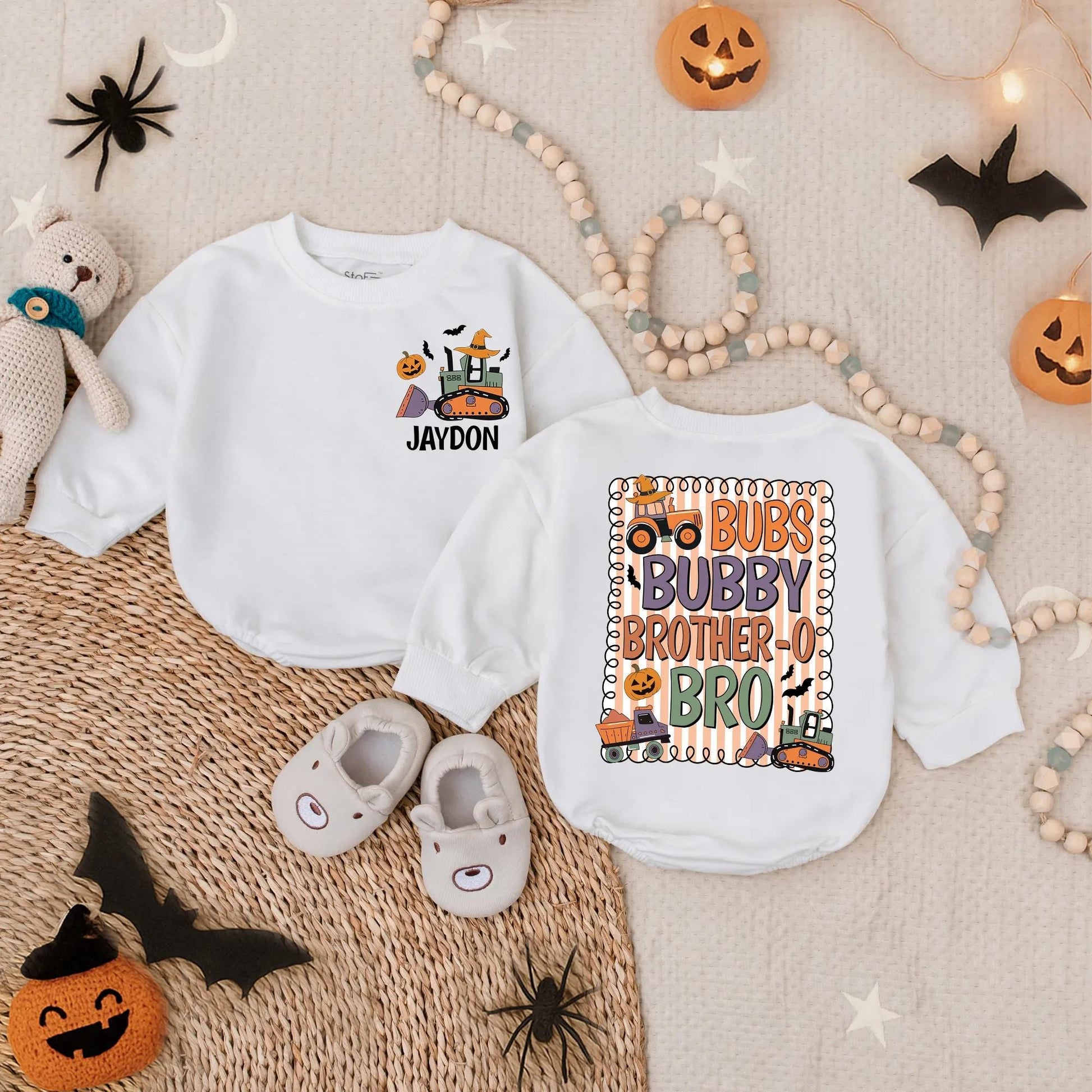 Custom Jaydon & Bub Brubby Brother-o-Bro Halloween Romper Infant Toddler Fall Pumpkin Construction Vehicle Outfit "Bub's Bubby Brother-o-Bro"