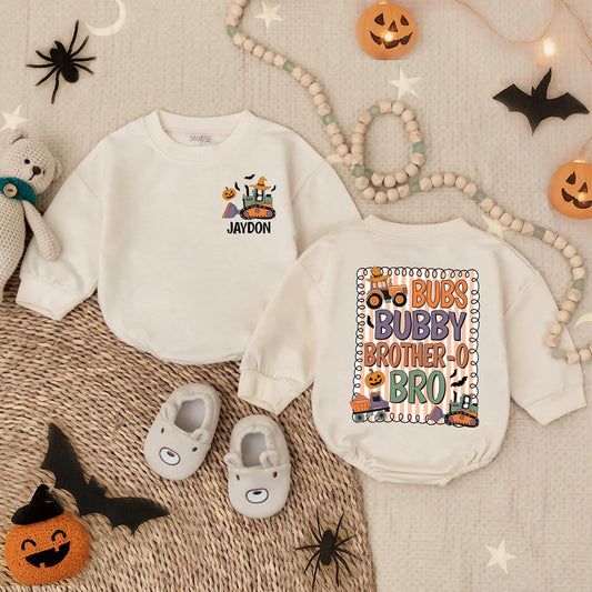 Custom Jaydon & Bub Brubby Brother-o-Bro Halloween Romper Infant Toddler Fall Pumpkin Construction Vehicle Outfit "Bub's Bubby Brother-o-Bro"