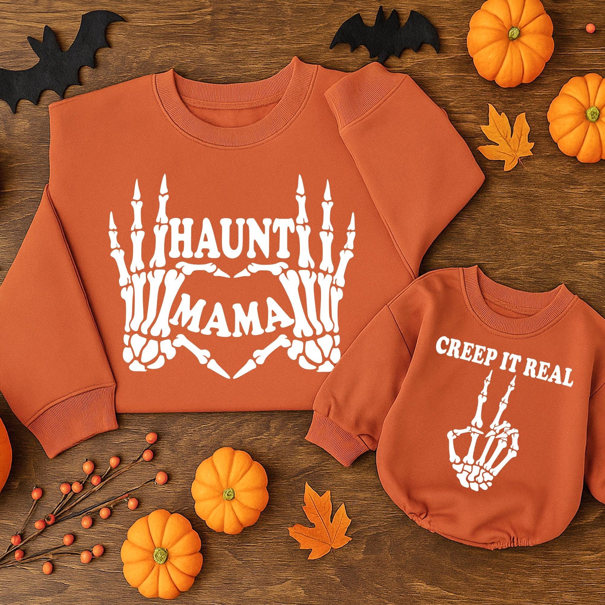 Funny Matching Family Halloween Sweatshirts Skeleton Hands "Dad To The Bone" "Haunti Mama" "Creep It Real" "Bone to Be Wild" "Too Cute to Spook" Orange Themed Outfits