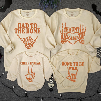 Funny Matching Family Halloween Sweatshirts Skeleton Hands "Dad To The Bone" "Haunti Mama" "Creep It Real" "Bone to Be Wild" "Too Cute to Spook" Orange Themed Outfits