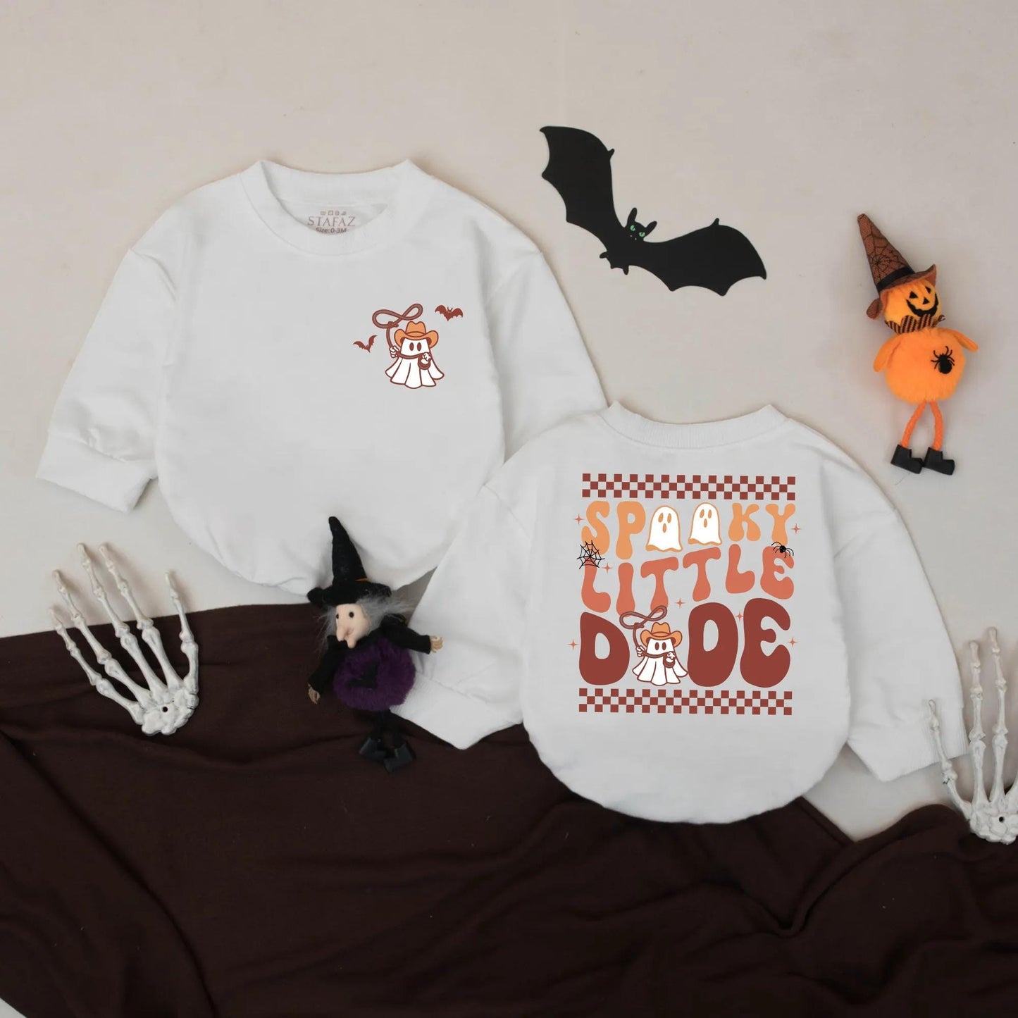 Spooky Little Dude Romper: My First Halloween Outfit Cowboy Ghost Bodysuit Fall Baby Clothes Spooky Season Shirt Starburst & Spiderweb Design 138