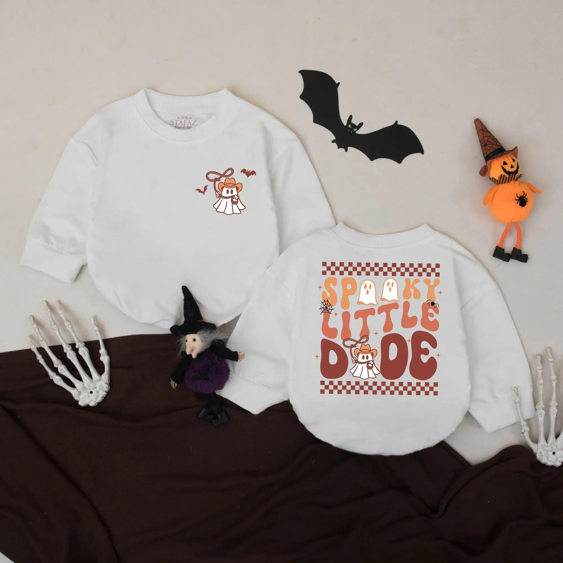 Spooky Little Dude Romper: My First Halloween Outfit Cowboy Ghost Bodysuit Fall Baby Clothes Spooky Season Shirt Starburst & Spiderweb Design 138