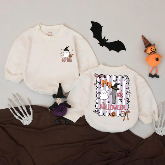 My First Halloween Romper Cute Ghost Pumpkin Outfit Pastel Baby Girl Gift Personalized Name Bodysuit Fall Season Baby Clothes