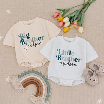Custom Name Big Brother Little Brother Rompers & Tees Retro Blue Green Gray Cute Personalized Siblings Gift for Baby Boys