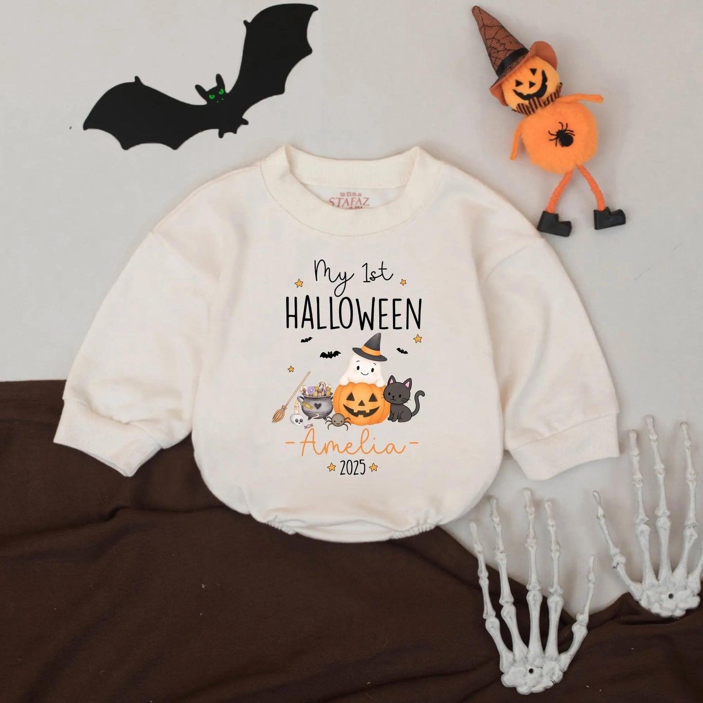 Amelia's 1st Halloween Romper Cute Pumpkin Ghost Black Cat Candy Cauldron Baby Clothes 2025