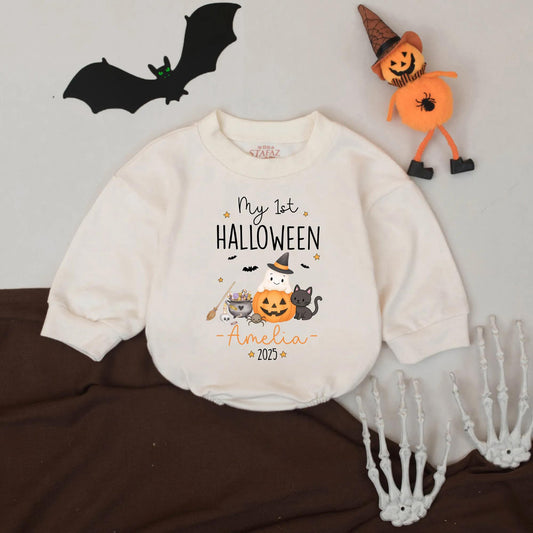 Amelia's 1st Halloween Romper Cute Pumpkin Ghost Black Cat Candy Cauldron Baby Clothes 2025