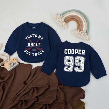 My Uncle's a Hockey Star Romper, Custom #99 Baby Outfit, That's My Uncle Out There Personalized Baby Boy Clothes, Game Day Hockey Gift, Shattered Style