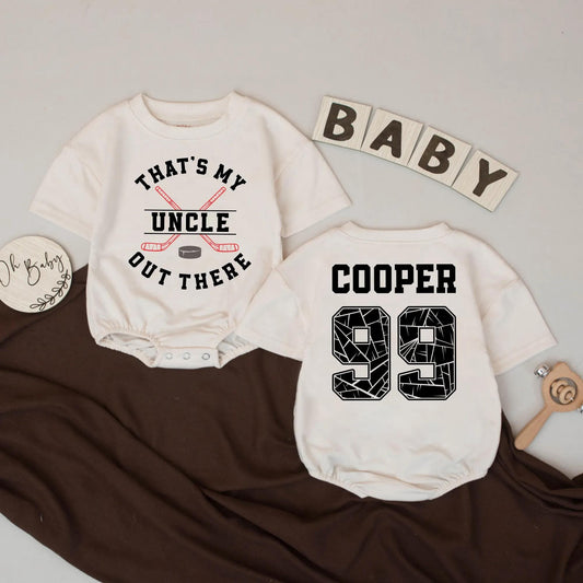 My Uncle's a Hockey Star Romper, Custom #99 Baby Outfit, That's My Uncle Out There Personalized Baby Boy Clothes, Game Day Hockey Gift, Shattered Style
