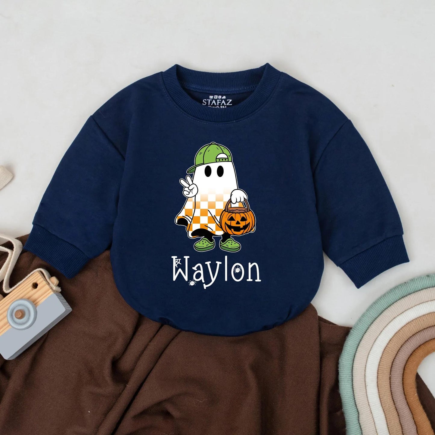 Personalized Little Boo Romper, Spooky Season Halloween Baby Outfit, Custom Name Ghost with Jack-o'-Lantern, Playful Fall Baby Clothes Shower Gift