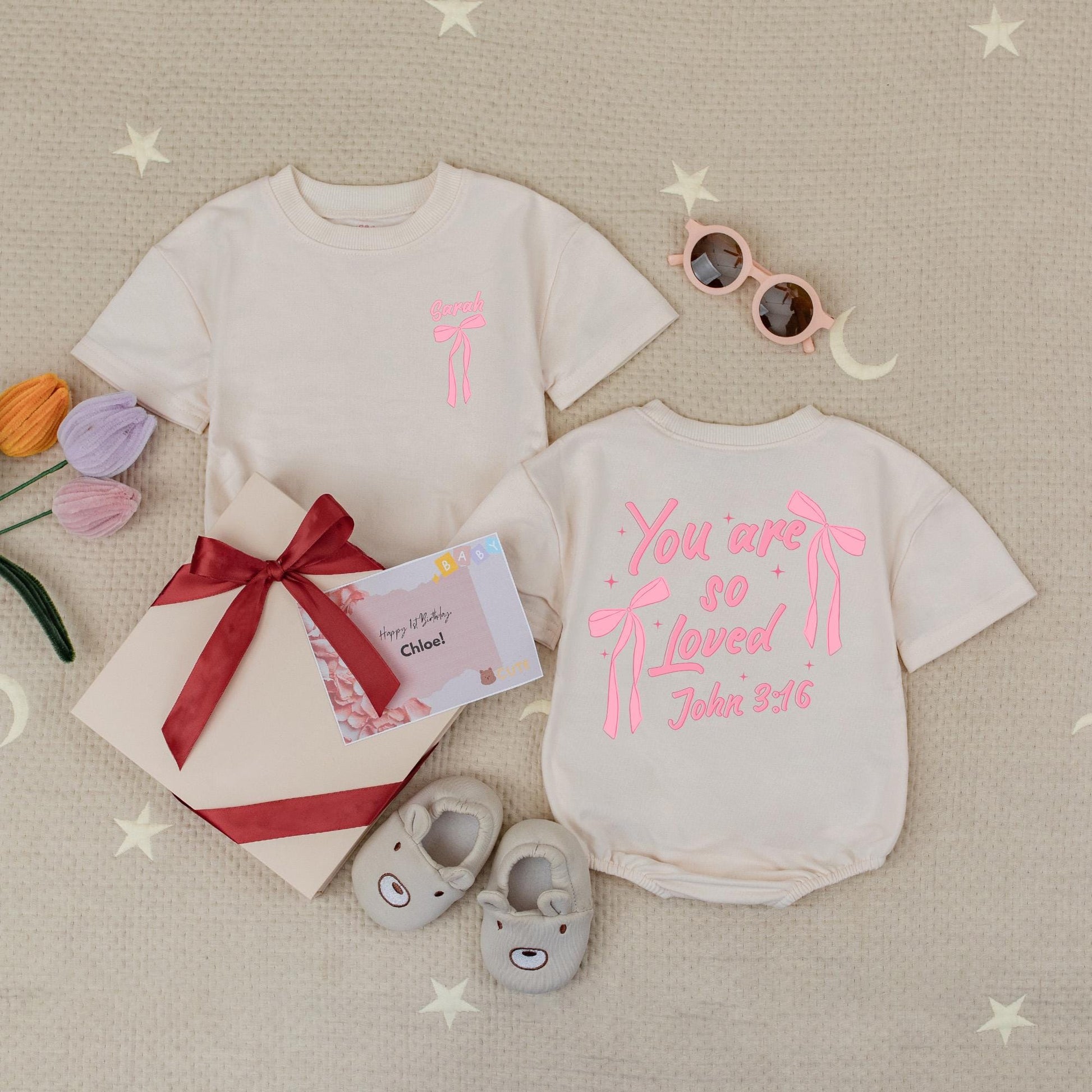 Custom Name You Are So Loved John 3:16 Pink Bow Baby Romper Sweet Christian Girl First Birthday Outfit