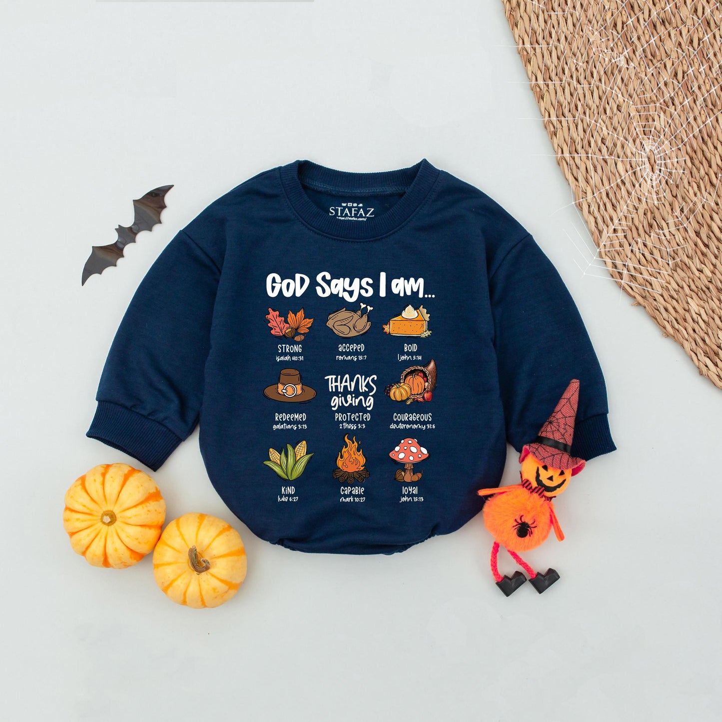 God Says I Am Thanksgiving Baby Romper Fall Outfit, Little Pumpkin Bodysuit Infant Clothes Autumn Leaves Turkey Design, Cute & Whimsical
