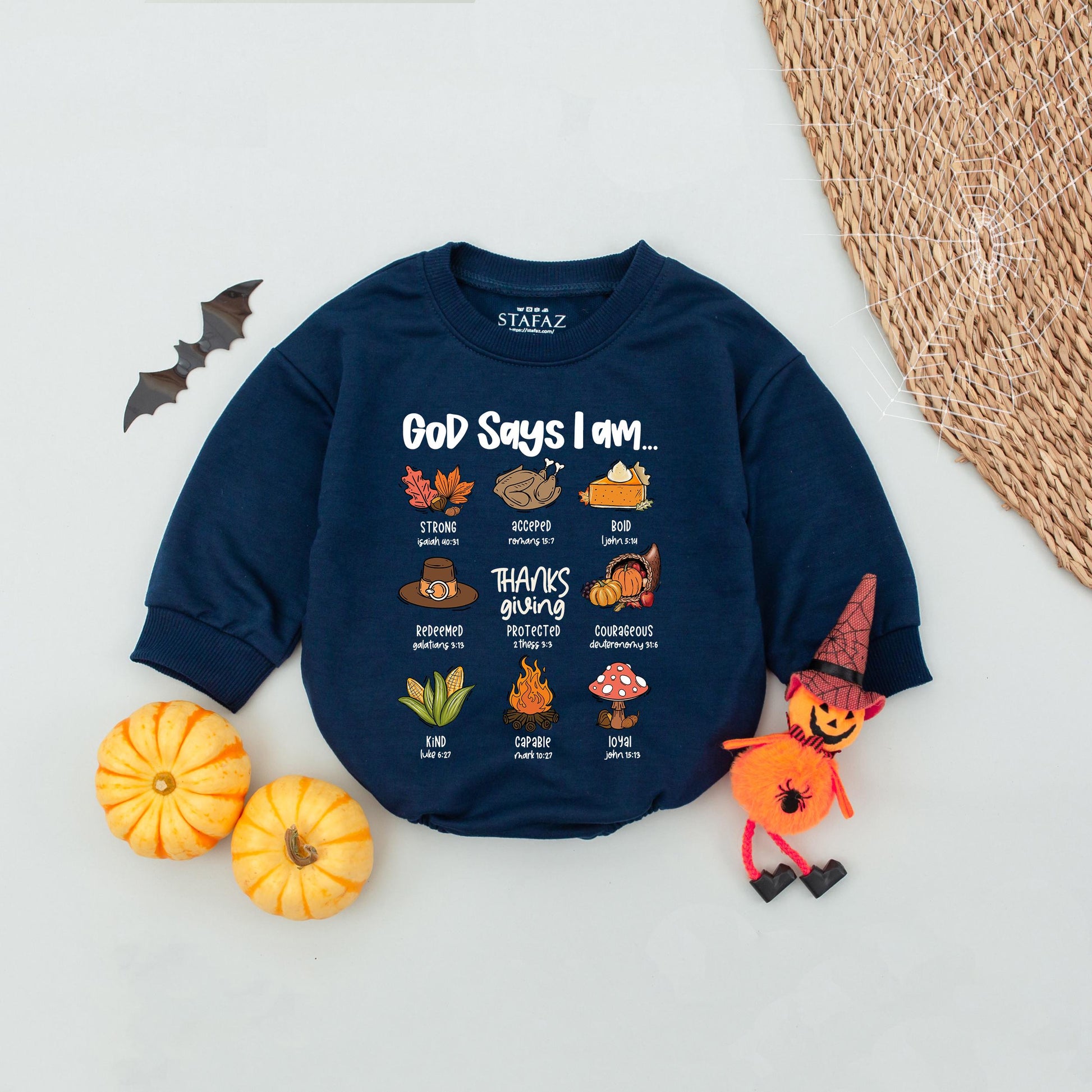 God Says I Am Thanksgiving Baby Romper Fall Outfit, Little Pumpkin Bodysuit Infant Clothes Autumn Leaves Turkey Design, Cute & Whimsical
