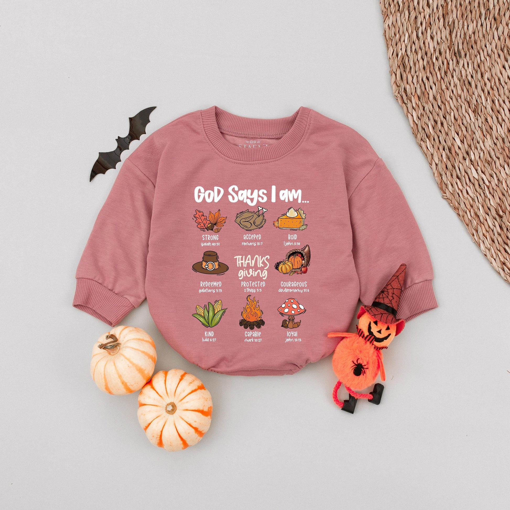 God Says I Am Thanksgiving Baby Romper Fall Outfit, Little Pumpkin Bodysuit Infant Clothes Autumn Leaves Turkey Design, Cute & Whimsical