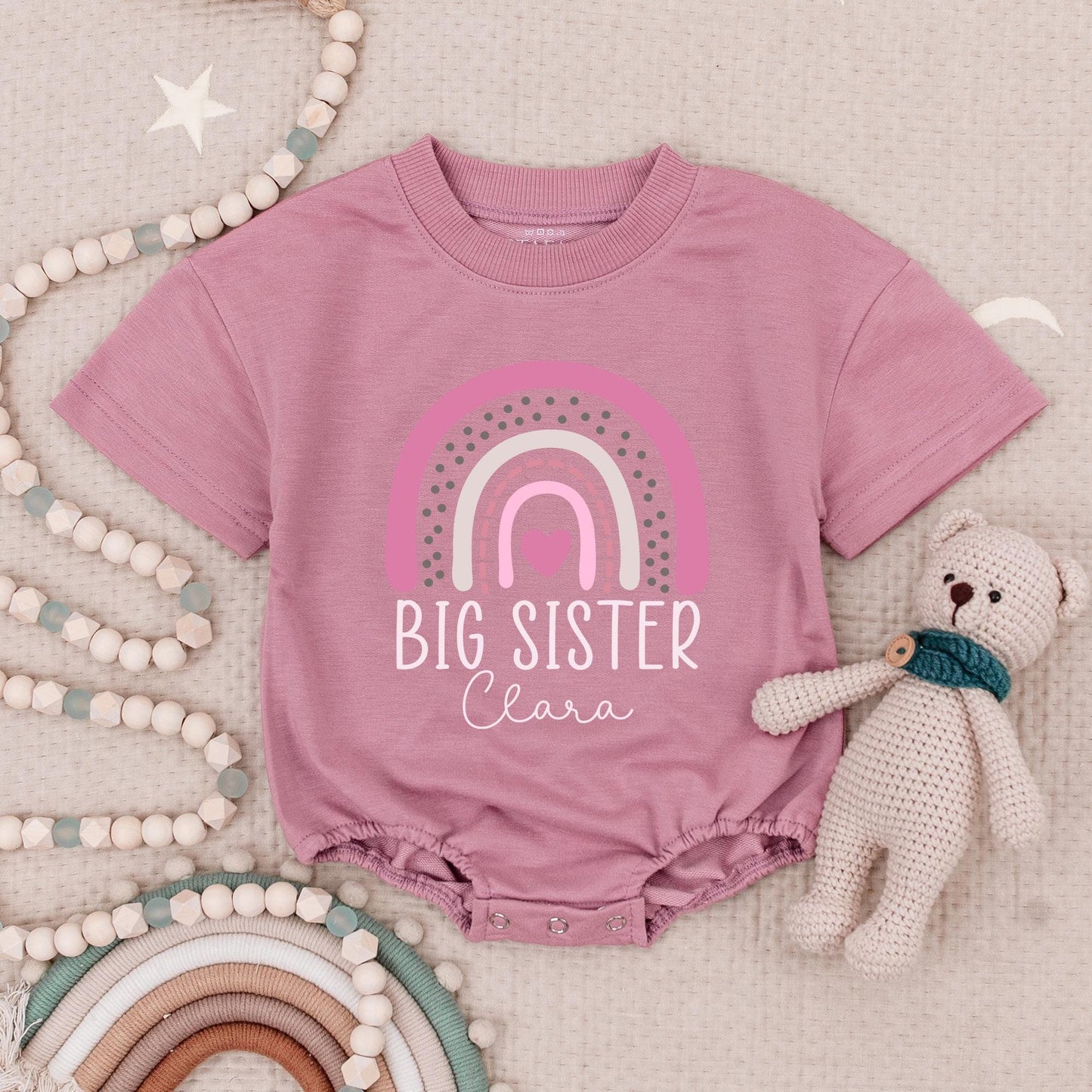 Custom Big Sister Little Sister Matching Romper Set Pink Rainbow Heart Design Baby Girl Bodysuit Sibling Announcement