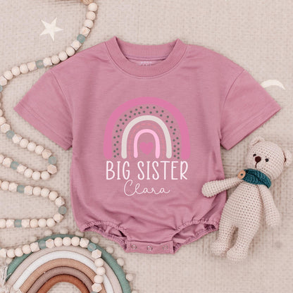Custom Big Sister Little Sister Matching Romper Set Pink Rainbow Heart Design Baby Girl Bodysuit Sibling Announcement