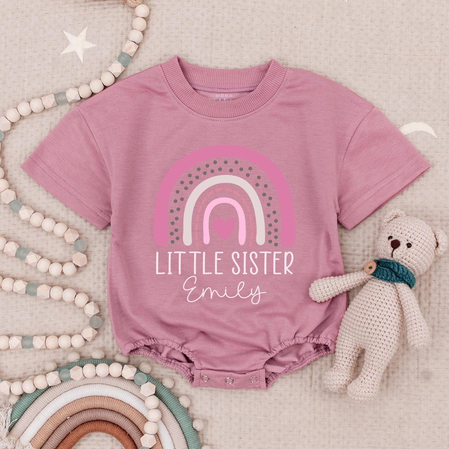 Custom Big Sister Little Sister Matching Romper Set Pink Rainbow Heart Design Baby Girl Bodysuit Sibling Announcement