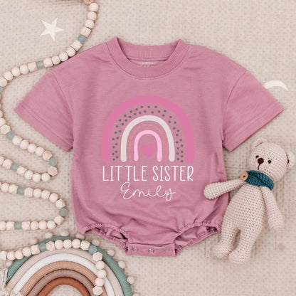 Custom Big Sister Little Sister Matching Romper Set Pink Rainbow Heart Design Baby Girl Bodysuit Sibling Announcement