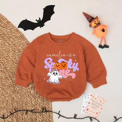 Camelia's Spooky One Romper: First Halloween Outfit for Baby Girl, Cute Ghost & Pumpkins, Custom Name Fall Romper, Personalized 1st Birthday Outfit