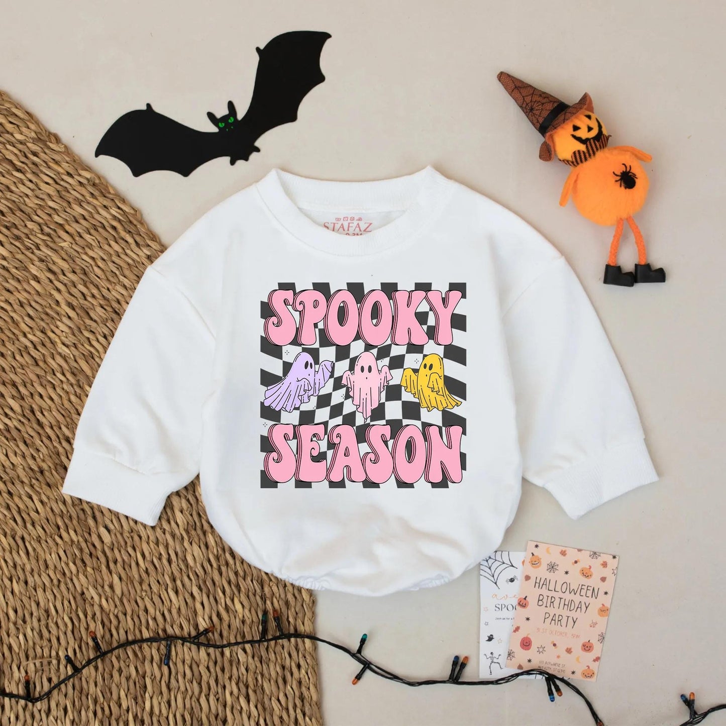 Spooky Season Baby Romper: Pastel Ghost Halloween Outfit for Baby Girl - Cute Fall Bodysuit for Infant or Toddler, Checkerboard Spooky Cute Look (138 chars)